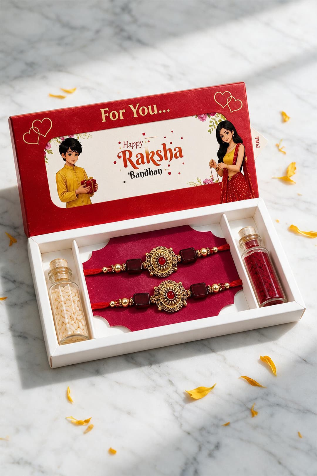 Festive Gift Hamper with Two Rakhis and Traditional Roli Chawal
