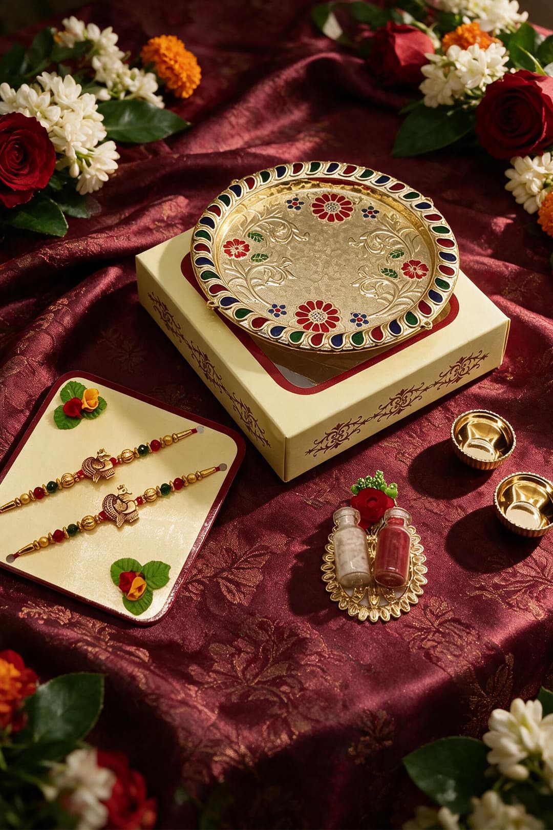 Rakhi Gift Hamper with Plastic Roli Chawal Thali & Metal Leaf Roli Chawal Holder
