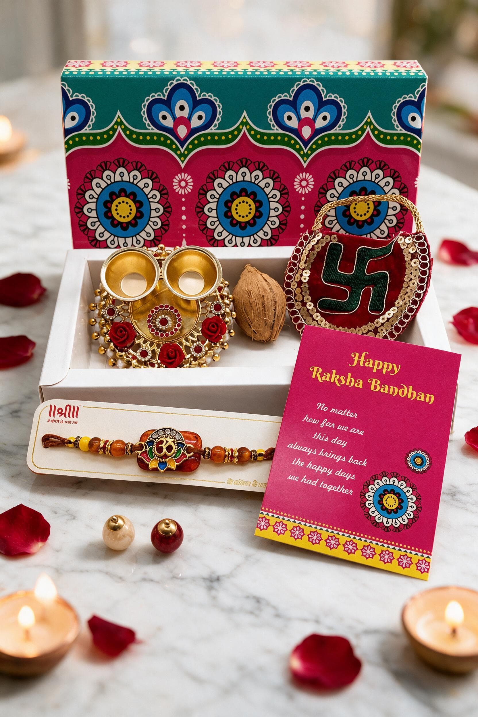 Designer Rakhi Hamper with Swastik Purse Roli Chawal Thali & Dome Bottle