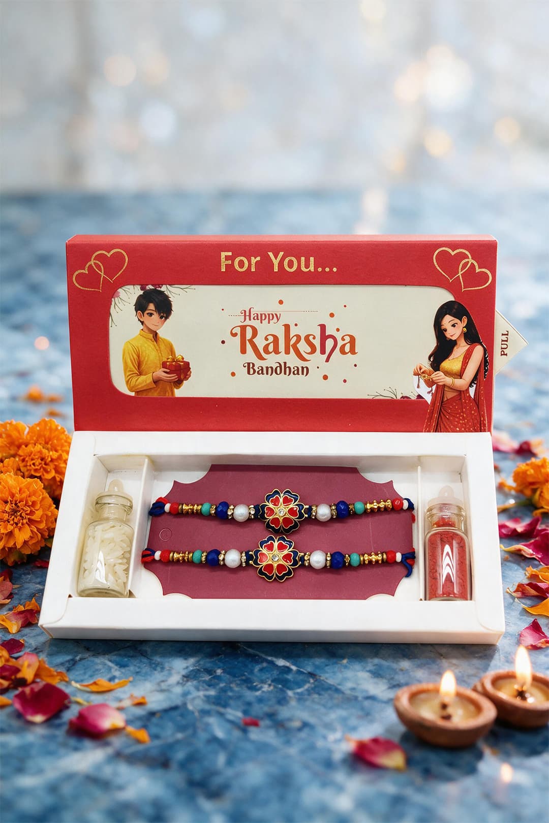 Designer Rakhi Gift Hamper with Sacred Roli Chawal Pack