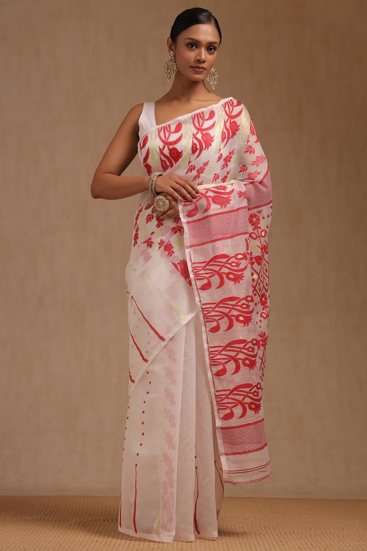Women's White and Red Cotton Woven Design Saree with Zari Woven
