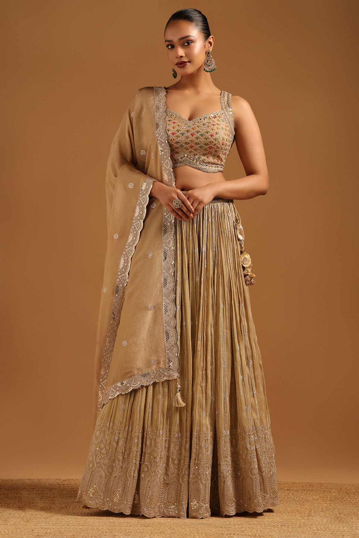 Women's Beige Dupion Floral Zari Embroidered Lehenga with Mirror & Stone