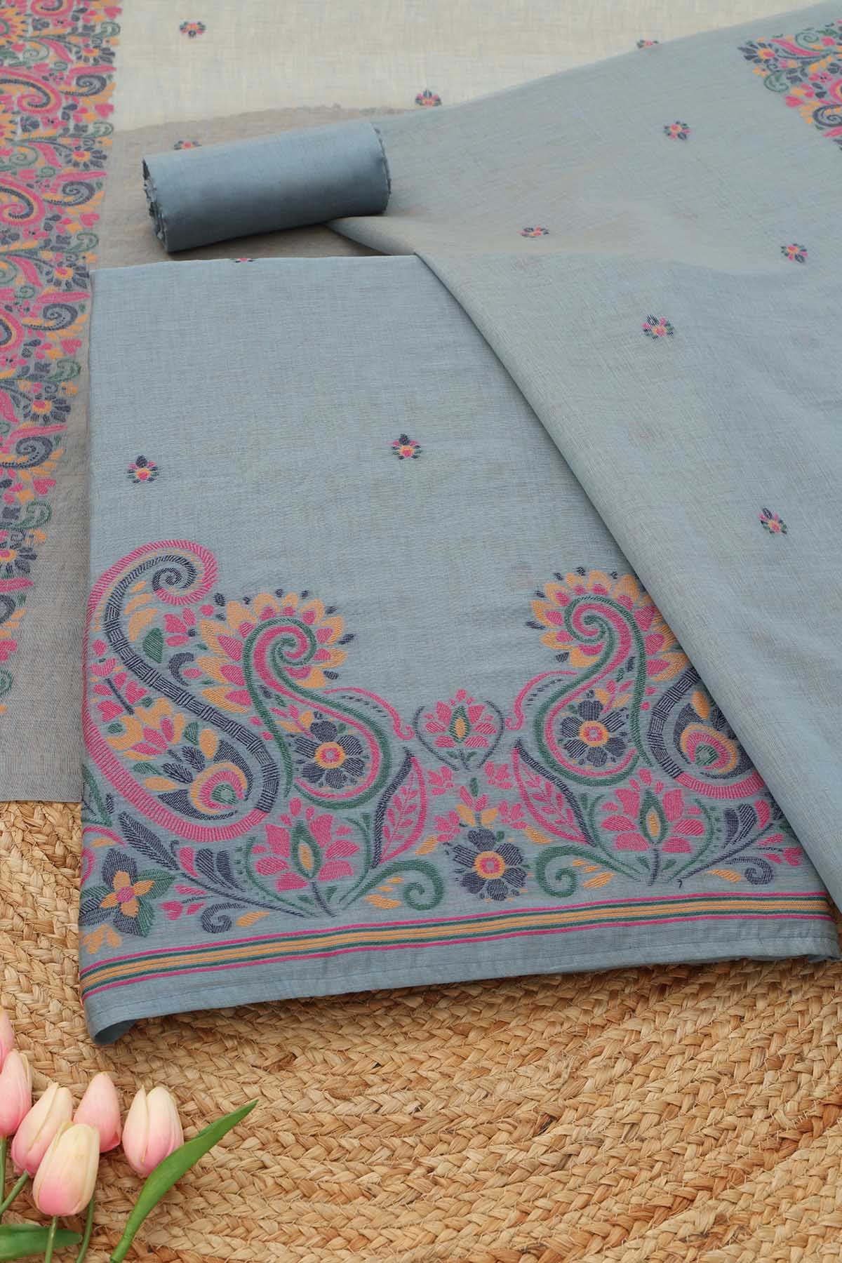 Women's Blue Chanderi Ethnic Motifs Jamdani Woven Dress Material