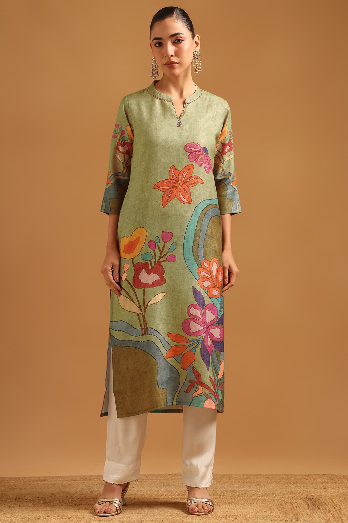 Women's Green Linen Blend Digital Printed Botanical Kurta